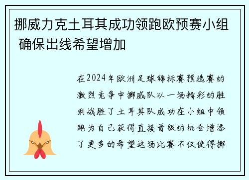 挪威力克土耳其成功领跑欧预赛小组 确保出线希望增加