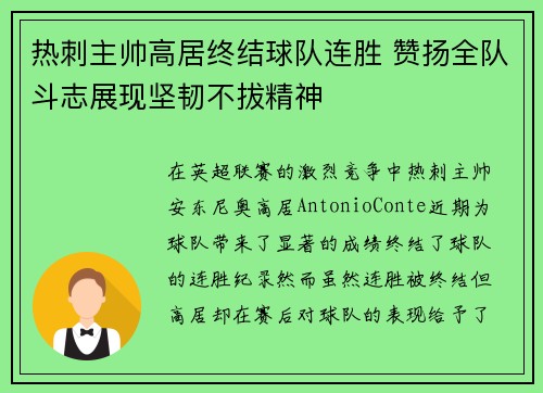 热刺主帅高居终结球队连胜 赞扬全队斗志展现坚韧不拔精神
